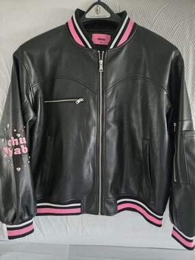 CHUU Black Faux Leather Varsity Jacket with Pink Trim